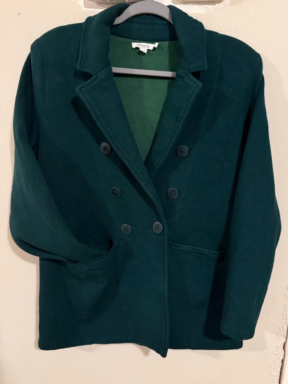 Chico’s Forest Green Double Breasted Sweater Blazer Jacket Size 1 Medium